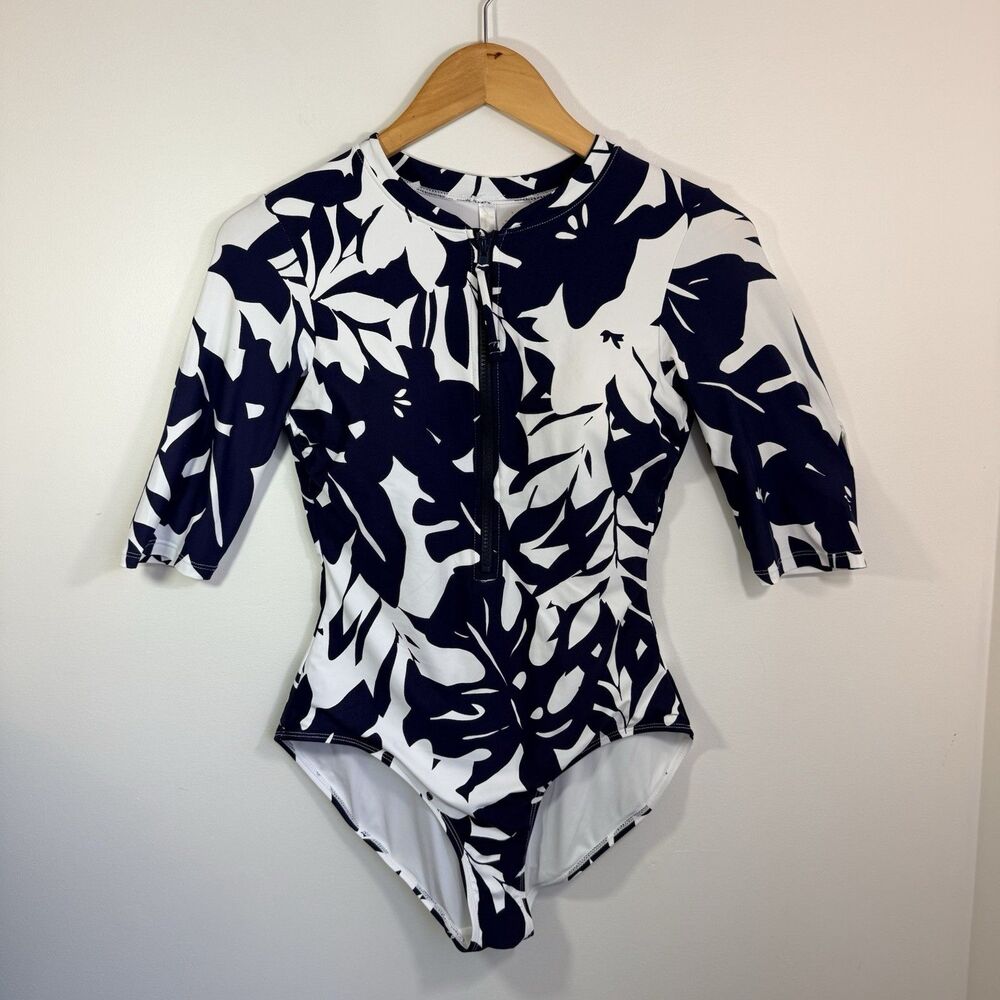 ANNE COLE Long Sleeve One-Piece Rash Guard Swimsuit Tropical Navy White Sz 8 - Picture 2 of 12